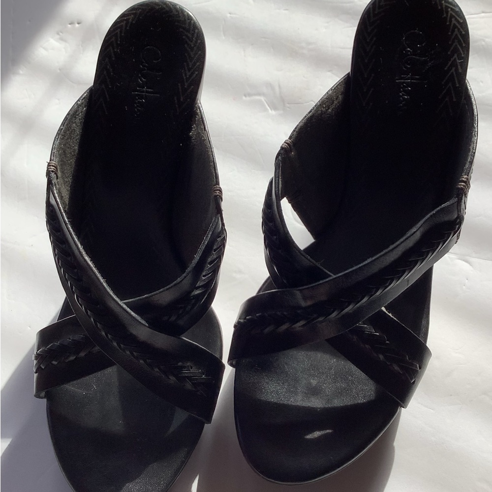 Cole Haan Black Leather Braided Straps Platform Heels Mules Open Toe Size 9.5